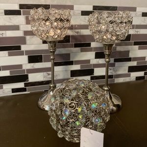 Nanette Lepore Two Candle Holders And Large Prism Ball Iridescent Shine 3 Pieces
